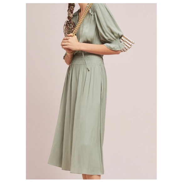 Current Air Dresses & Skirts - Current Air Anthropologie Cape May Satin Midi Smocked Dress Sage Green